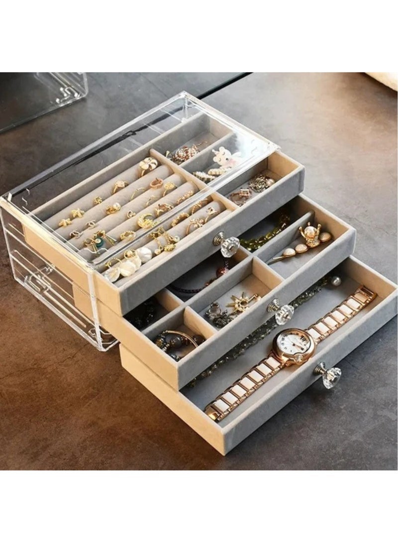Acrylic Jewelry Organizer Box Cosmetic Storage Organizer Box Clear Jewelry Case with 3 Drawers Adjustable Jewelry Box Gray - Image 1
