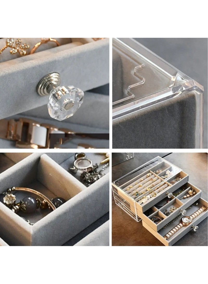 Acrylic Jewelry Organizer Box Cosmetic Storage Organizer Box Clear Jewelry Case with 3 Drawers Adjustable Jewelry Box Gray - Image 4