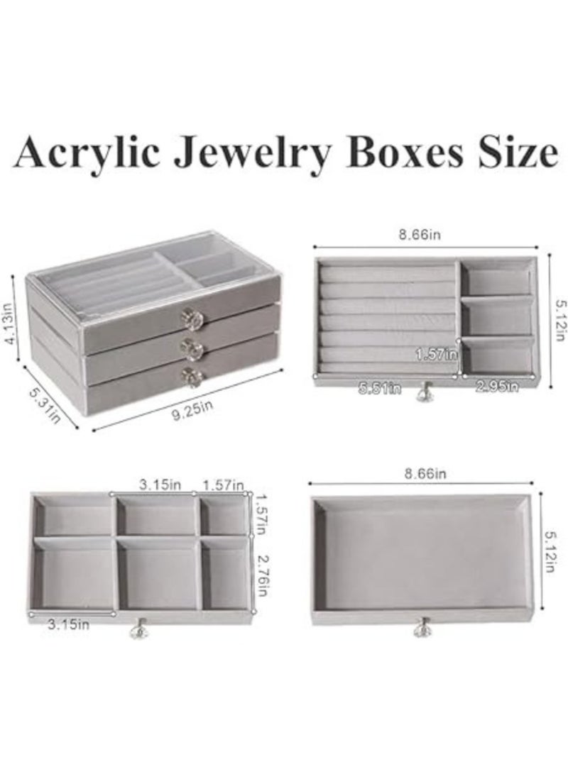 Acrylic Jewelry Organizer Box Cosmetic Storage Organizer Box Clear Jewelry Case with 3 Drawers Adjustable Jewelry Box Gray - Image 3