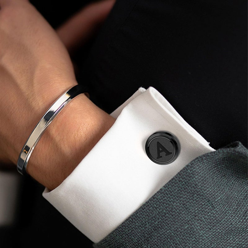 LOYALLOOK أزرار كم مبدئية سوداء من LOYALLOOK للرجال أزرار كم شخصية من النحاس أزرار كم بحرف هدية للعريس الزوج الأب - Image 4