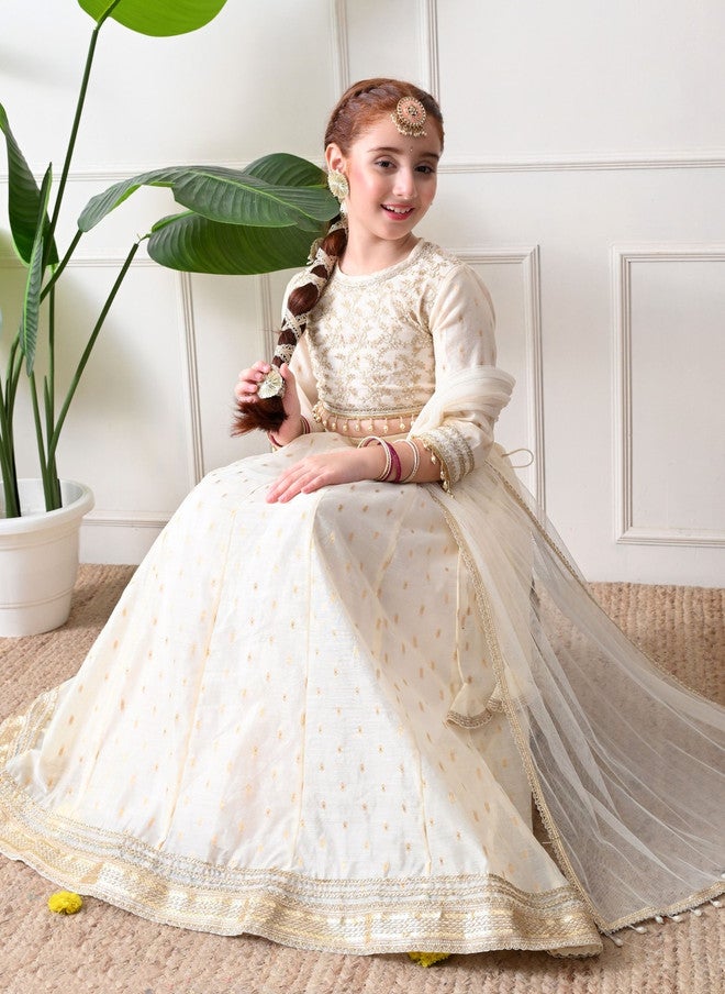 Indi-Loom Couture Girls Embroidered Organza Ready To Wear Lehenga & Blouse With Dupatta - Image 3