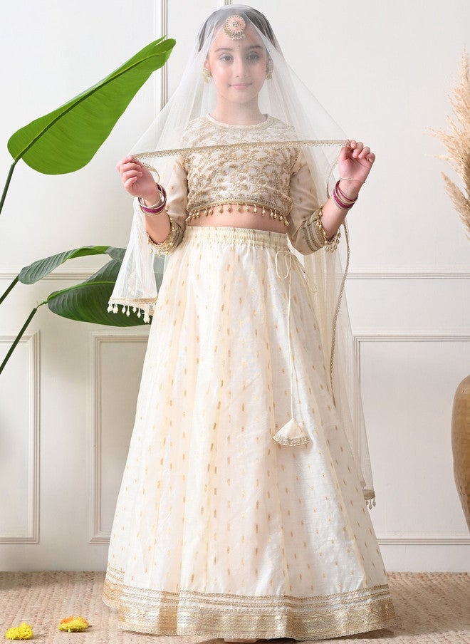 Indi-Loom Couture Girls Embroidered Organza Ready To Wear Lehenga & Blouse With Dupatta - Image 5