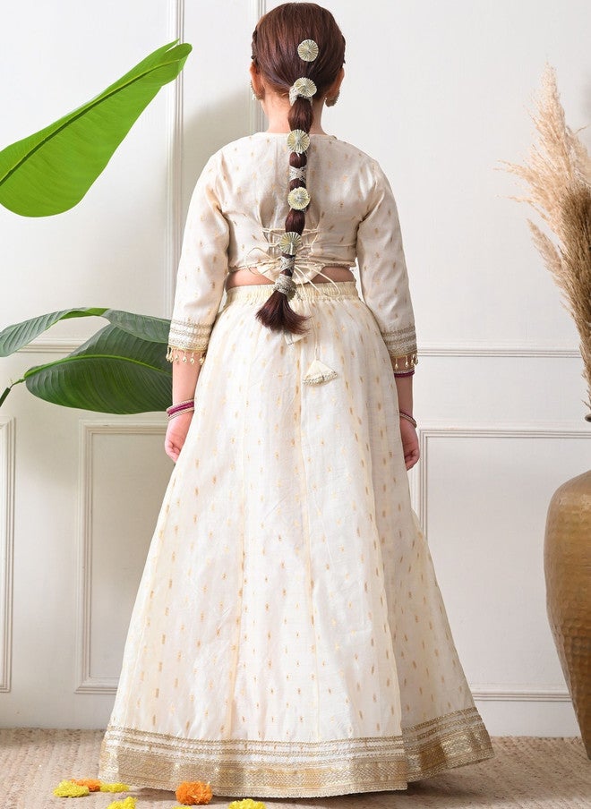 Indi-Loom Couture Girls Embroidered Organza Ready To Wear Lehenga & Blouse With Dupatta - Image 4