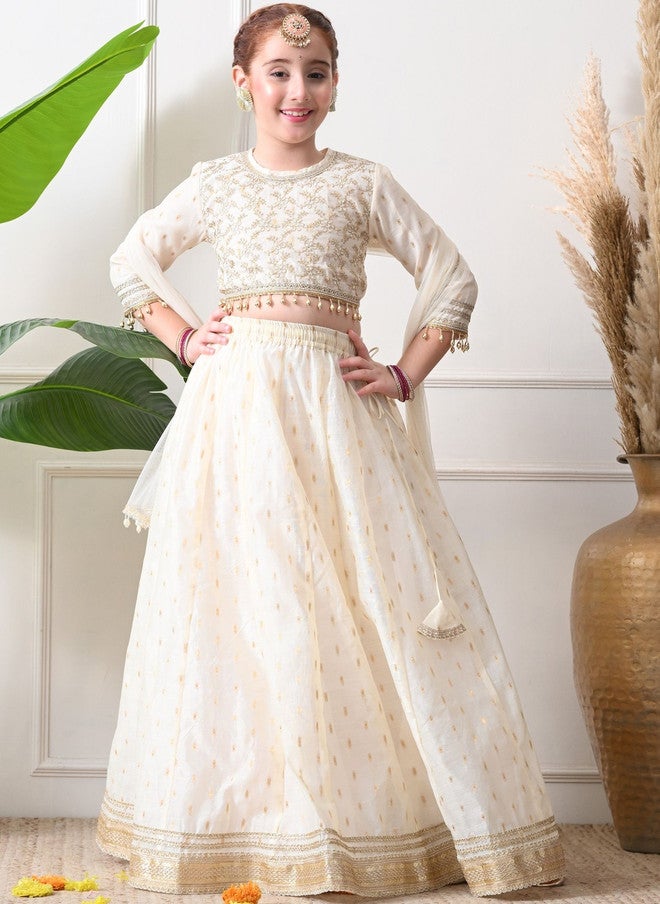 Indi-Loom Couture Girls Embroidered Organza Ready To Wear Lehenga & Blouse With Dupatta - Image 1