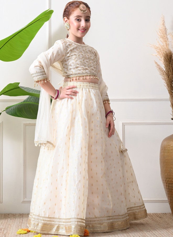 Indi-Loom Couture Girls Embroidered Organza Ready To Wear Lehenga & Blouse With Dupatta - Image 2