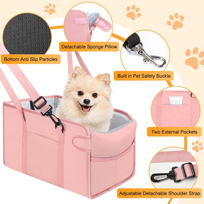 NECKORY Portable Dog Car Seat for Small Dogs - Adjustable Safety Leash, Washable Cushion & Storage Pocket - Pet Booster Seat for Car Travel- Pink - Image 3