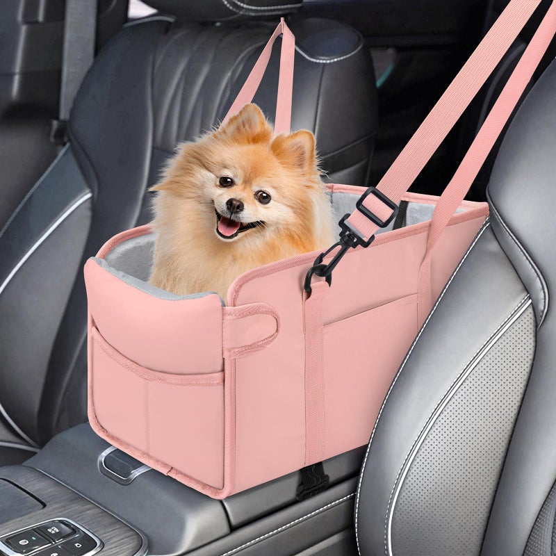 NECKORY Portable Dog Car Seat for Small Dogs - Adjustable Safety Leash, Washable Cushion & Storage Pocket - Pet Booster Seat for Car Travel- Pink - Image 1