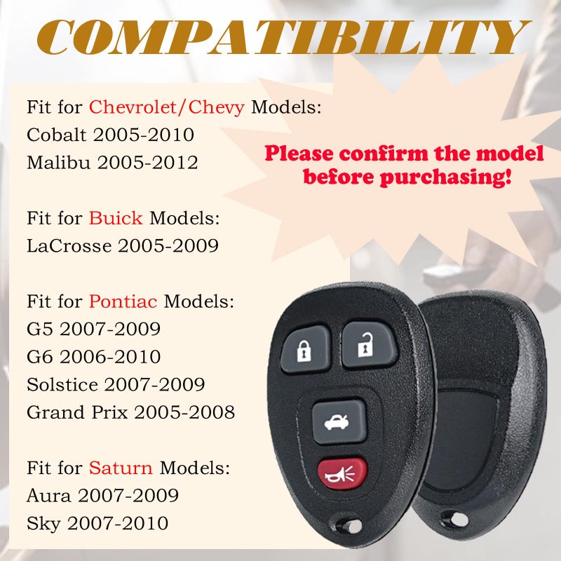 SUPALAND Keyless Entry Remote Control Key Fob Replacement Fits for Chevy Malibu Cobalt 2005-2012 Pontiac G5 G6 Grand Prix Solstice 2005-2010 Buick Lacrosse Saturn Aura Sky KOBGT04A 15252034 315 Mhz - Image 2