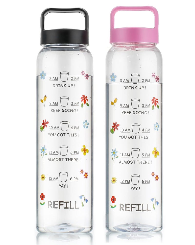 Clazkit Plastic Motivational 1000ml Water Bottle Black & Pink - Time Markers & Inspirational Slogans Mentioned Encourages More Water Intake, Easy-to-Carry Handle- Set of 2 - Image 1