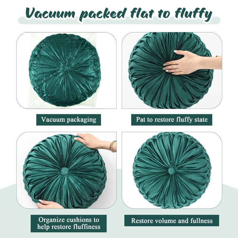 Drydiet 3 Pcs Round Throw Pillows Decorative Velvet Pleated Throw Pillows 15'' Diameter Accent Pumpkin Boho Chair Cushion for Couch Sofa Chair Bed Home Decoration (White,Light Green,Green) - Image 4