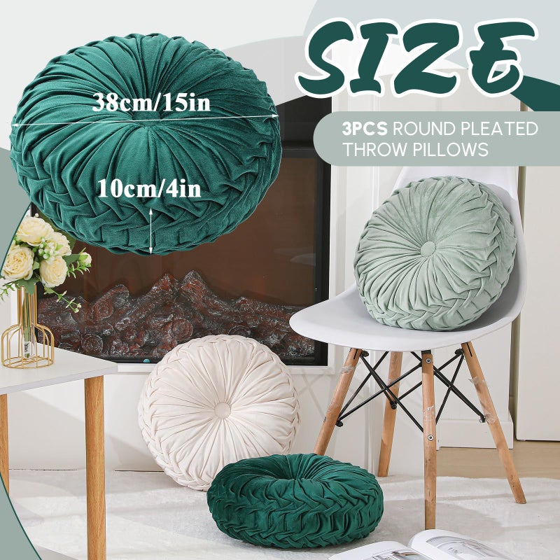 Drydiet 3 Pcs Round Throw Pillows Decorative Velvet Pleated Throw Pillows 15'' Diameter Accent Pumpkin Boho Chair Cushion for Couch Sofa Chair Bed Home Decoration (White,Light Green,Green) - Image 2
