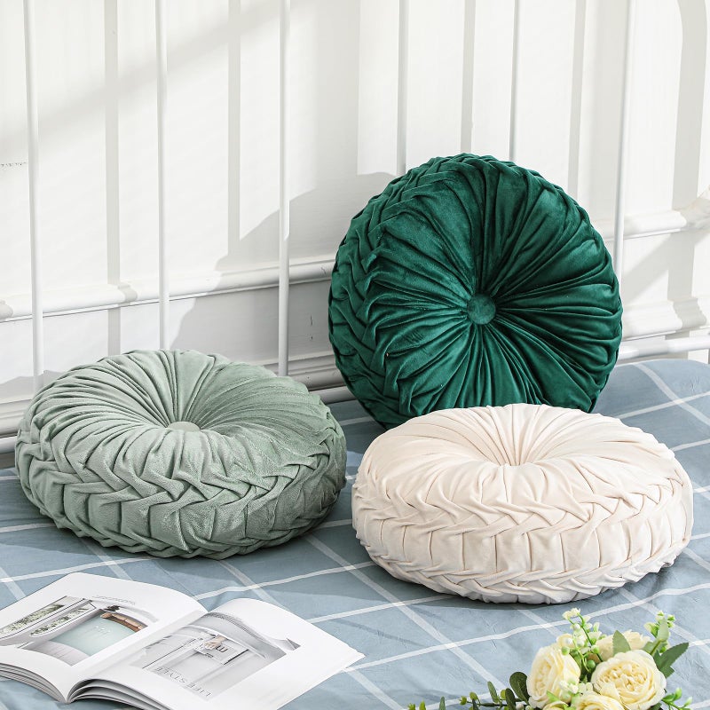Drydiet 3 Pcs Round Throw Pillows Decorative Velvet Pleated Throw Pillows 15'' Diameter Accent Pumpkin Boho Chair Cushion for Couch Sofa Chair Bed Home Decoration (White,Light Green,Green) - Image 5