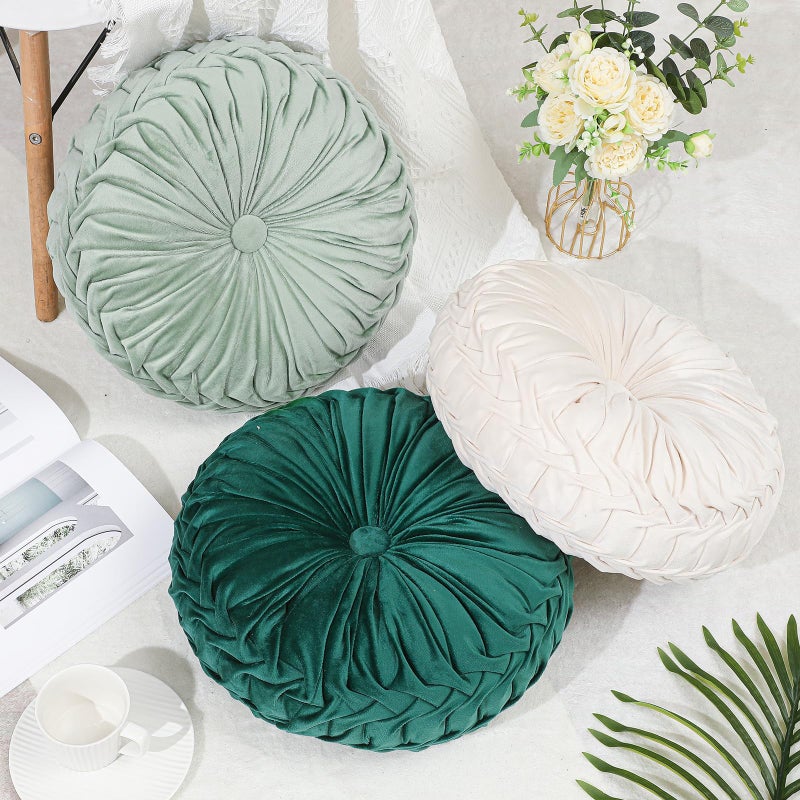 Drydiet 3 Pcs Round Throw Pillows Decorative Velvet Pleated Throw Pillows 15'' Diameter Accent Pumpkin Boho Chair Cushion for Couch Sofa Chair Bed Home Decoration (White,Light Green,Green) - Image 1
