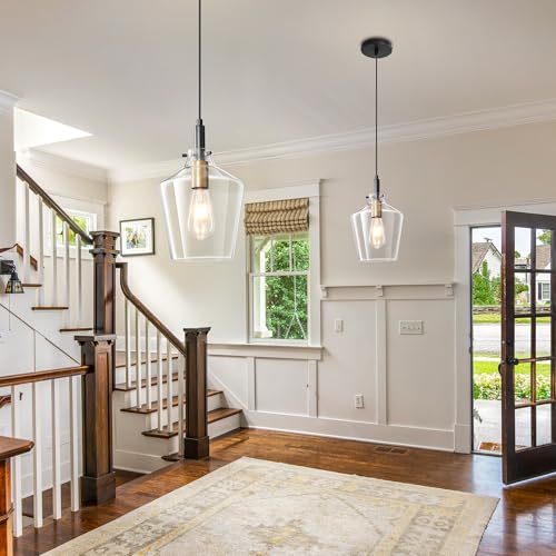 Vaziden Modern Glass Pendant Lighting for Kitchen Island 2 Pack, Farmhouse Black and Gold Pendant Light Fixtures, Adjustable Hanging Ceiling Light, Angled Clear Glass Shades 8 Inch - Image 3