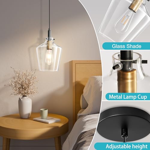 Vaziden Modern Glass Pendant Lighting for Kitchen Island 2 Pack, Farmhouse Black and Gold Pendant Light Fixtures, Adjustable Hanging Ceiling Light, Angled Clear Glass Shades 8 Inch - Image 5
