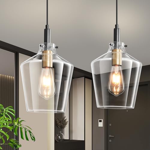 Vaziden Modern Glass Pendant Lighting for Kitchen Island 2 Pack, Farmhouse Black and Gold Pendant Light Fixtures, Adjustable Hanging Ceiling Light, Angled Clear Glass Shades 8 Inch - Image 1