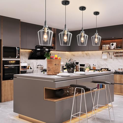 Vaziden Modern Glass Pendant Lighting for Kitchen Island 2 Pack, Farmhouse Black and Gold Pendant Light Fixtures, Adjustable Hanging Ceiling Light, Angled Clear Glass Shades 8 Inch - Image 2