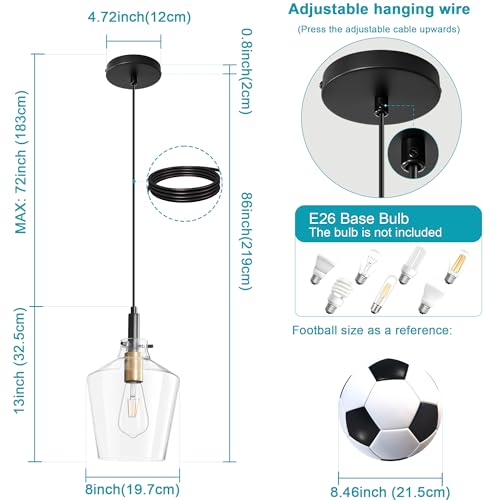 Vaziden Modern Glass Pendant Lighting for Kitchen Island 2 Pack, Farmhouse Black and Gold Pendant Light Fixtures, Adjustable Hanging Ceiling Light, Angled Clear Glass Shades 8 Inch - Image 4