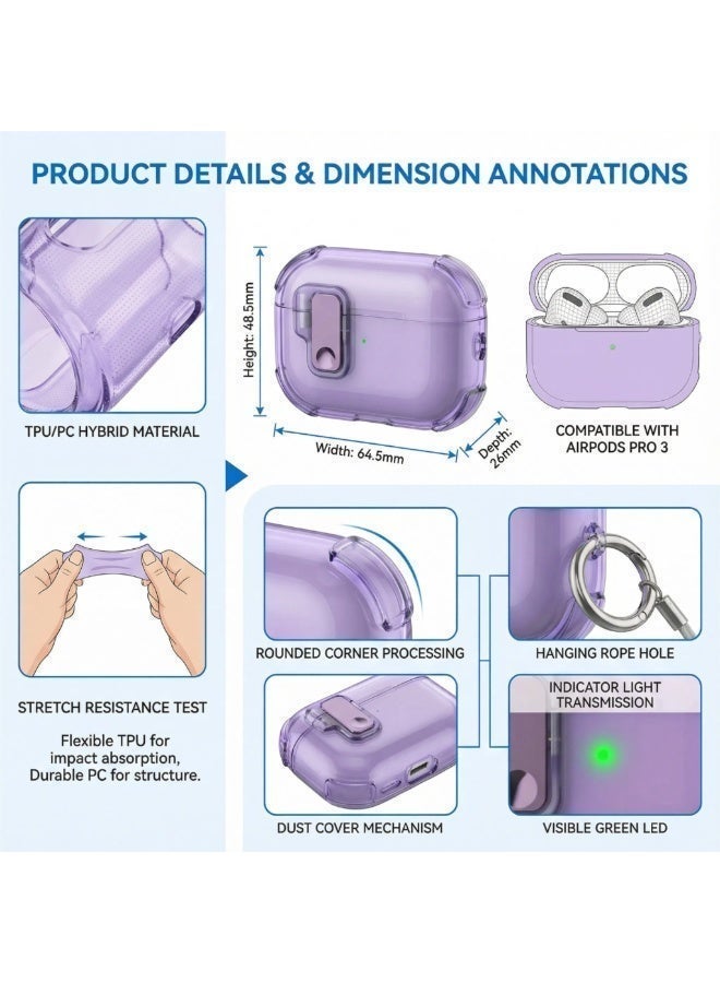 AirPods Pro 3 2025 Cover Case with Lock, Drop-proof and Shockproof Protective Case Cover with Keychain for Apple AirPods Pro 3 for Women Men, purple - Image 5