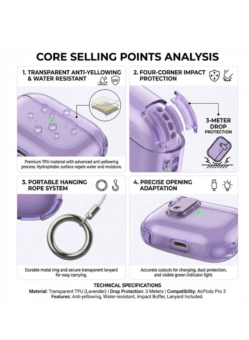 AirPods Pro 3 2025 Cover Case with Lock, Drop-proof and Shockproof Protective Case Cover with Keychain for Apple AirPods Pro 3 for Women Men, purple - Image 4