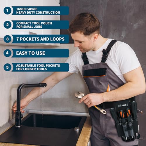 KUNN Small Electrician Tool Pouch with Belt Clip - 7 Pocket Heavy Duty Tool Belt Organizer | 1680D Ballistic Nylon, Adjustable Holster for Technicians, HVAC, Plumbers & DIY - Image 2