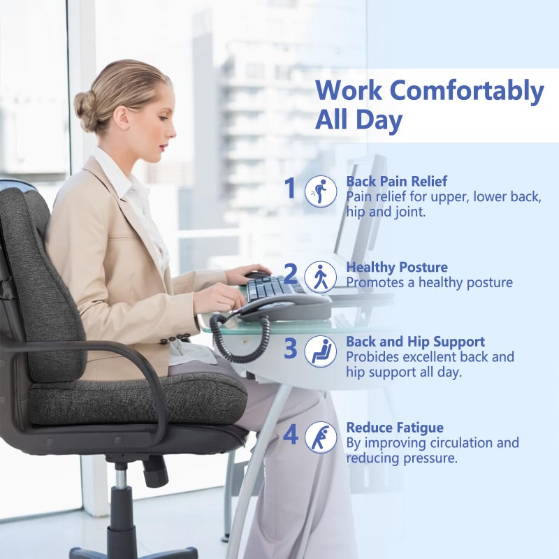 JIPORIER Seat Cushion & Lumbar Support Pillow Set for Office Chair, Ergonomic Pillow for Sciatica Pain Relief, Memory Foam Back Support Pillow & Chair Cushion for Car seat, Desk Chair (Grey) - Image 2
