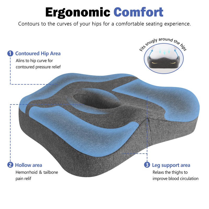 JIPORIER Seat Cushion & Lumbar Support Pillow Set for Office Chair, Ergonomic Pillow for Sciatica Pain Relief, Memory Foam Back Support Pillow & Chair Cushion for Car seat, Desk Chair (Grey) - Image 5