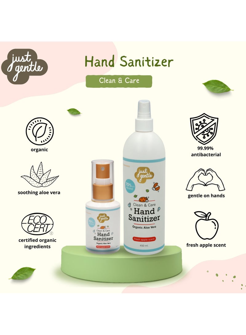 Just Gentle Hand Sanitizer Spray, 450 ml |70% Alcohol, Kills 99.9% of Germs, Gentle on Sensitive Skin, Moisturizing with Aloe Vera, and refreshing with apple scent - Image 3