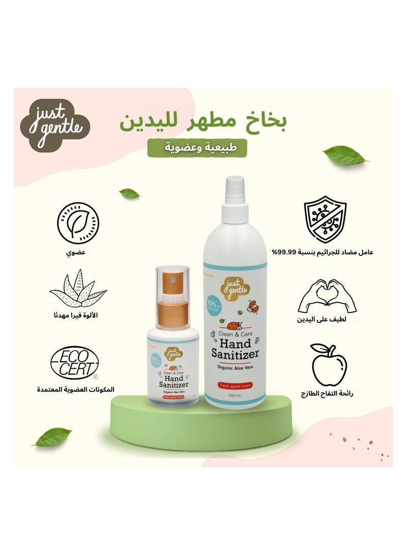 Just Gentle Hand Sanitizer Spray, 450 ml |70% Alcohol, Kills 99.9% of Germs, Gentle on Sensitive Skin, Moisturizing with Aloe Vera, and refreshing with apple scent - Image 4