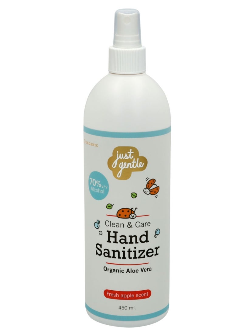 Just Gentle Hand Sanitizer Spray, 450 ml |70% Alcohol, Kills 99.9% of Germs, Gentle on Sensitive Skin, Moisturizing with Aloe Vera, and refreshing with apple scent - Image 2
