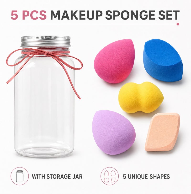 Me Now Makeup Sponge Set with Storage Jar Multi Shape Beauty Blender Sponges for Foundation Concealer Powder Cream Makeup Wet and Dry Use Soft Reusable Cosmetic Puff Set for Face Makeup (15 Pcs / 3 Jar) - Image 3