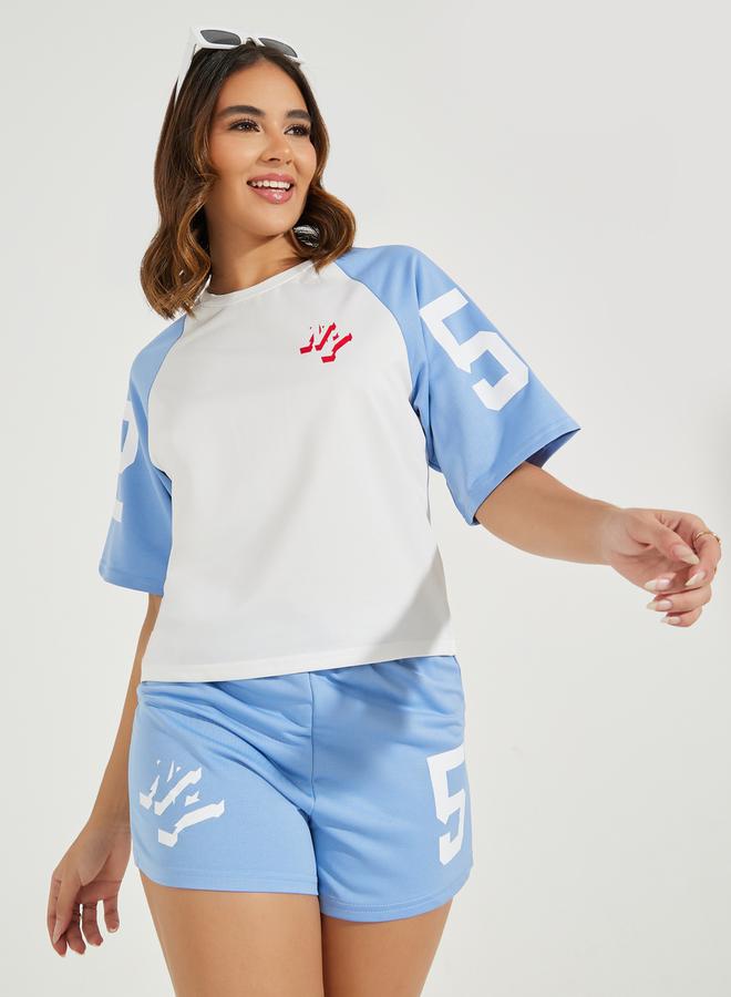 Styli Boxy Fit Color Block Raglan Sleeves Printed T-Shirt  - Image 1