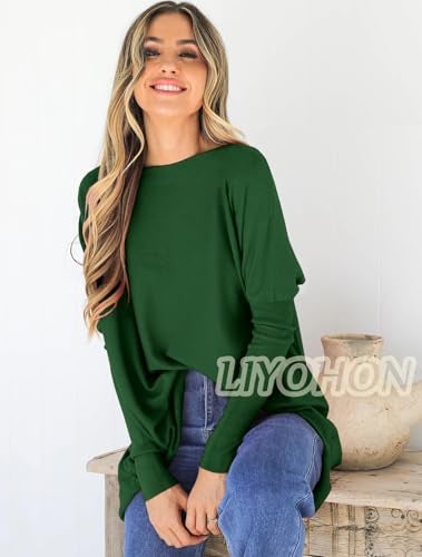 LIYOHON Oversized T Shirts for Women Tunic Tops to Wear with Leggings Long Sleeve Fall Sweaters Dressy Tops Green-XXL - Image 2