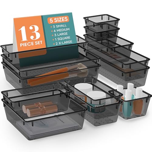 WOWBOX 13 PCS Plastic Drawer Organizer Set, Desk Drawer Divider Organizers and Storage Bins for Makeup, Jewelry, Gadgets for Kitchen, Bedroom, Bathroom, Office, Black - Image 1
