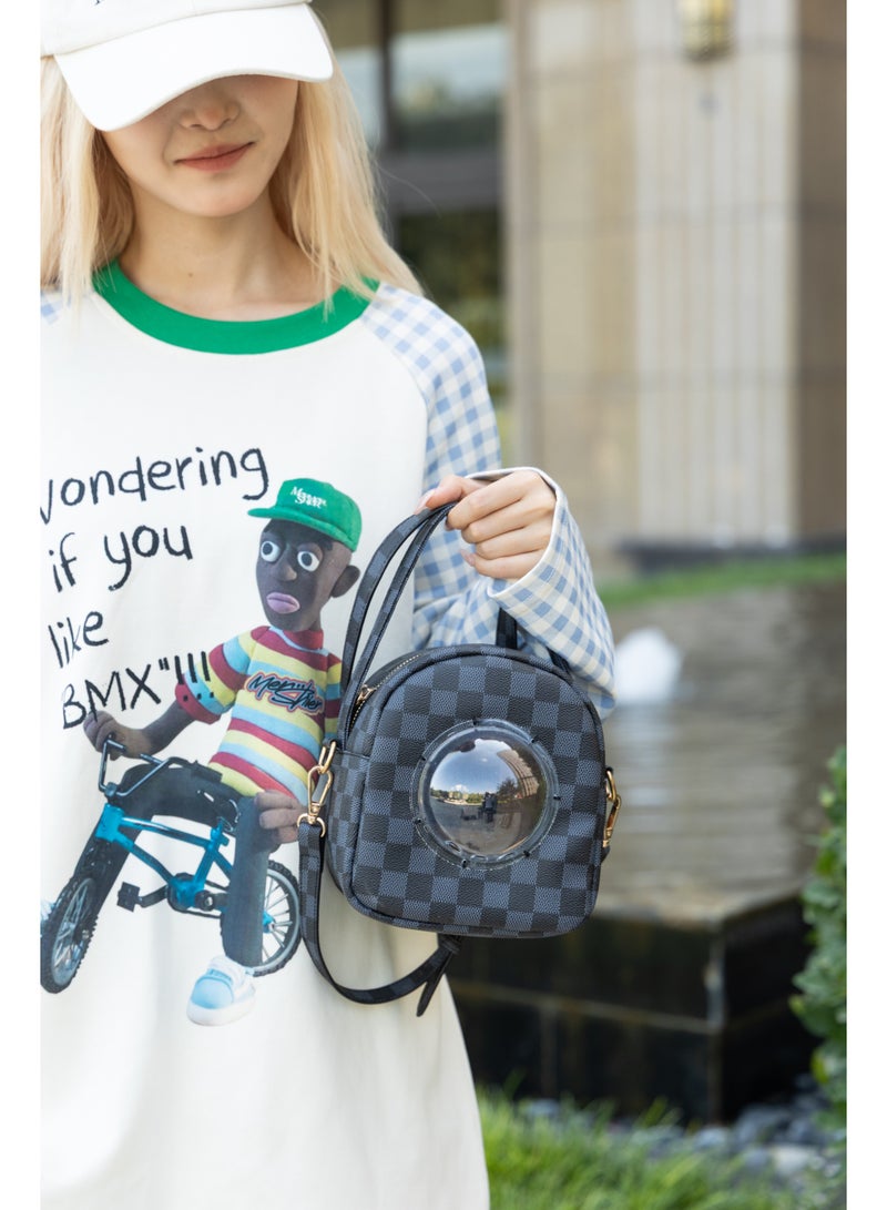 McmhyingPop Hamster Pet Carrier Bag, PU Space Capsule Bubble Window Portable Outgoing Travel Pet Handbags for Small Animal Guinea Pig Bird, Black - Image 2