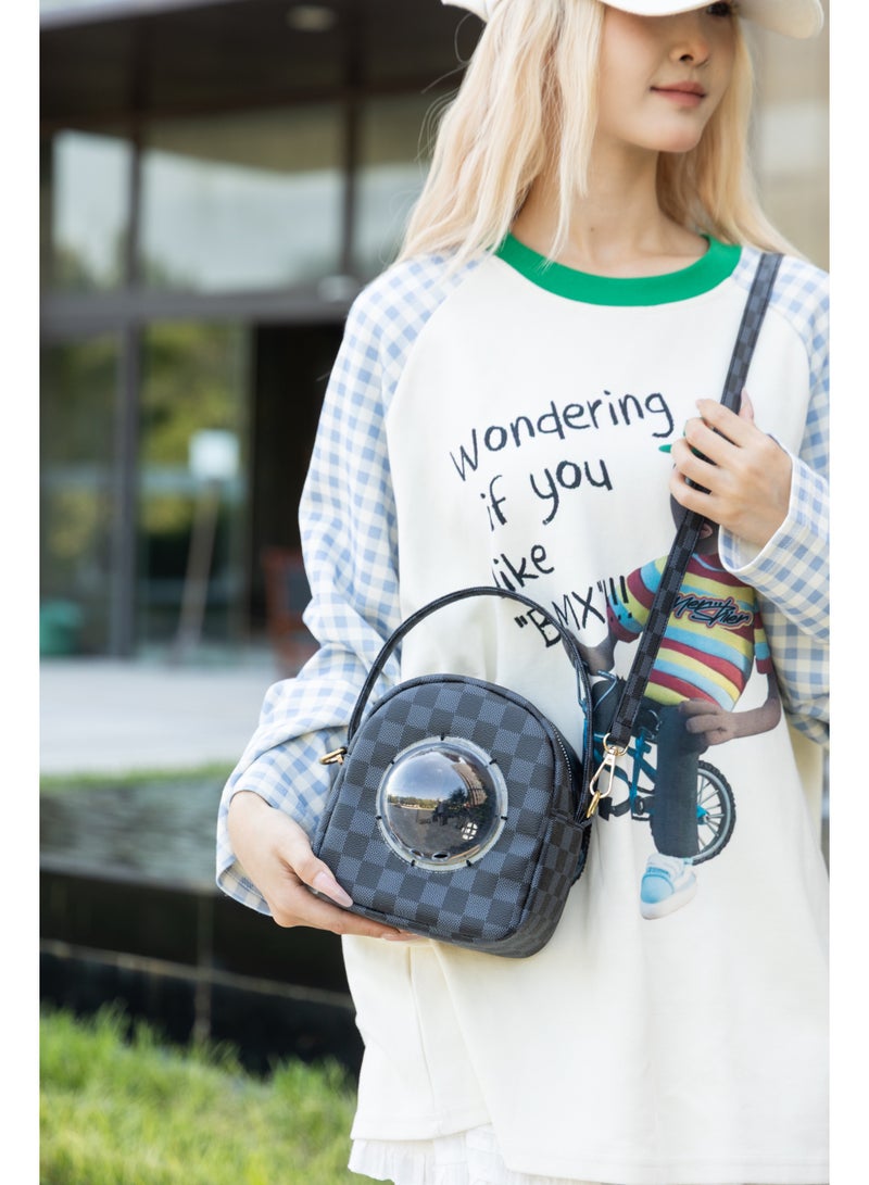 McmhyingPop Hamster Pet Carrier Bag, PU Space Capsule Bubble Window Portable Outgoing Travel Pet Handbags for Small Animal Guinea Pig Bird, Black - Image 3