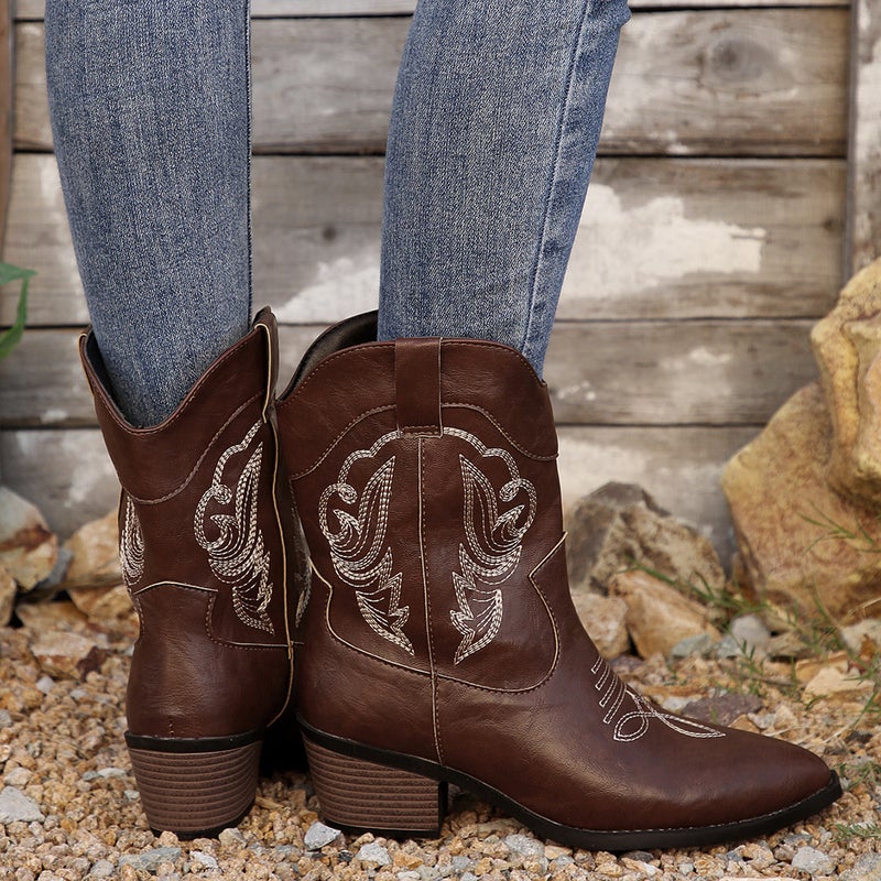 2025 Export New Thick-Heeled Western Cowboy Boots V-Mouth Embroidered Sleeve Knight Boots Retro Mid-Calf Square Toe - Image 4