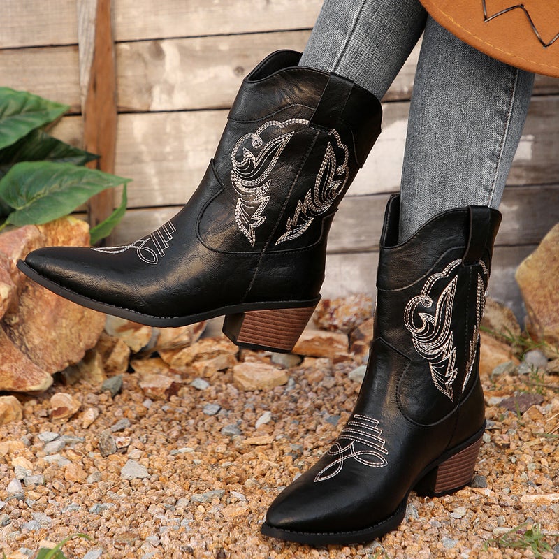 2025 Export New Thick-Heeled Western Cowboy Boots V-Mouth Embroidered Sleeve Knight Boots Retro Mid-Calf Square Toe - Image 1