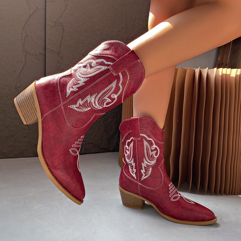 2025 Export New Thick-Heeled Western Cowboy Boots V-Mouth Embroidered Sleeve Knight Boots Retro Mid-Calf Square Toe - Image 2