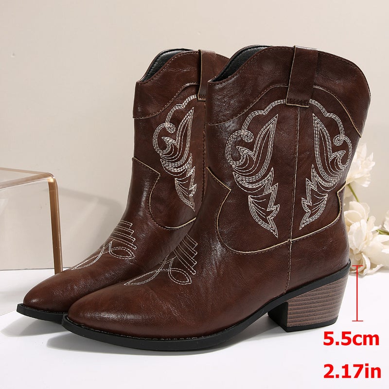2025 Export New Thick-Heeled Western Cowboy Boots V-Mouth Embroidered Sleeve Knight Boots Retro Mid-Calf Square Toe - Image 5