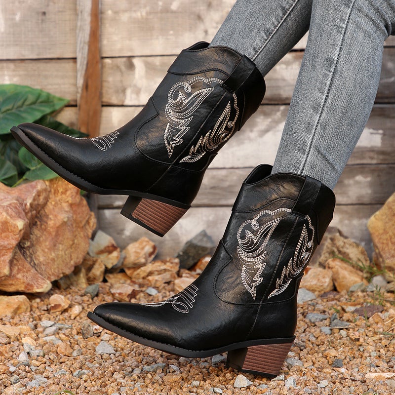 2025 Export New Thick-Heeled Western Cowboy Boots V-Mouth Embroidered Sleeve Knight Boots Retro Mid-Calf Square Toe - Image 3