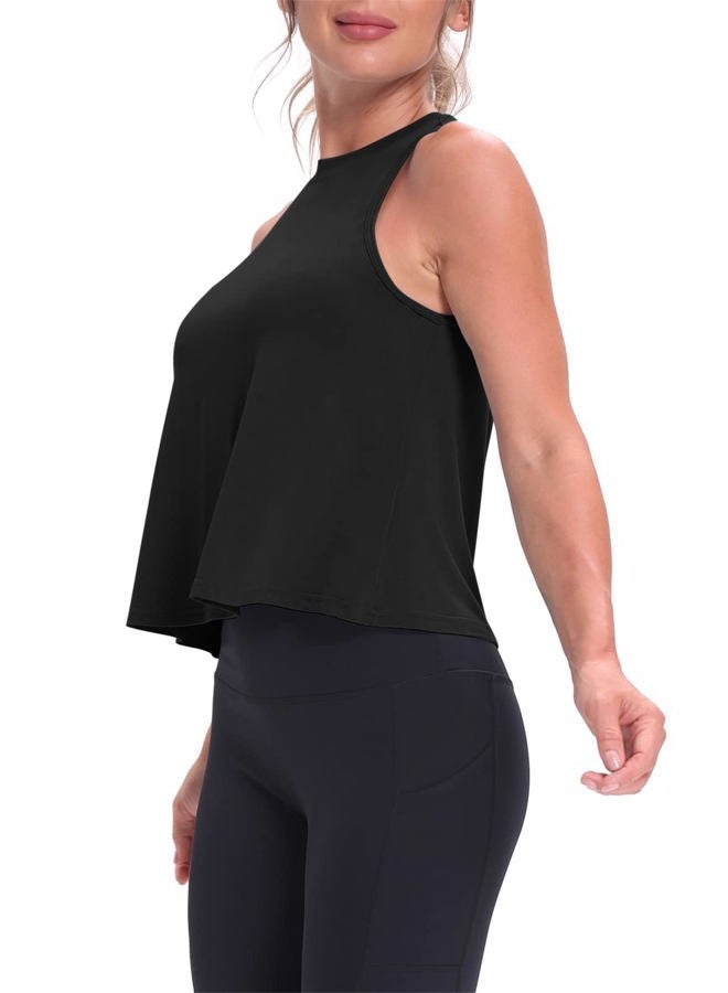 MIPPO Crop Tops for Women Womens Workout Tops Flowy Cropped Tank Tops Athletic Shirts, Black, M - Image 4