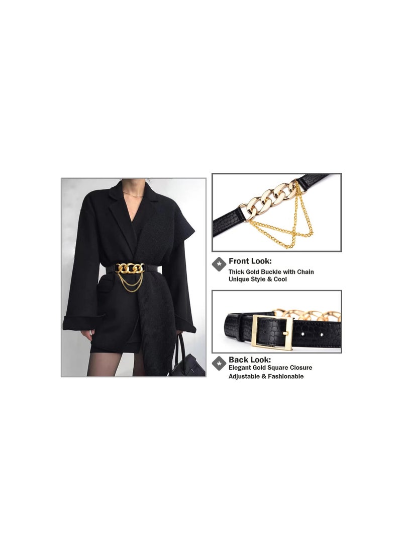 SYOSI - PU Leather High Waist Belt, Women Gold Chain Belt, Chunky Punk Style Belt, Skinny Dress Belt Dress Belt Black - Image 1