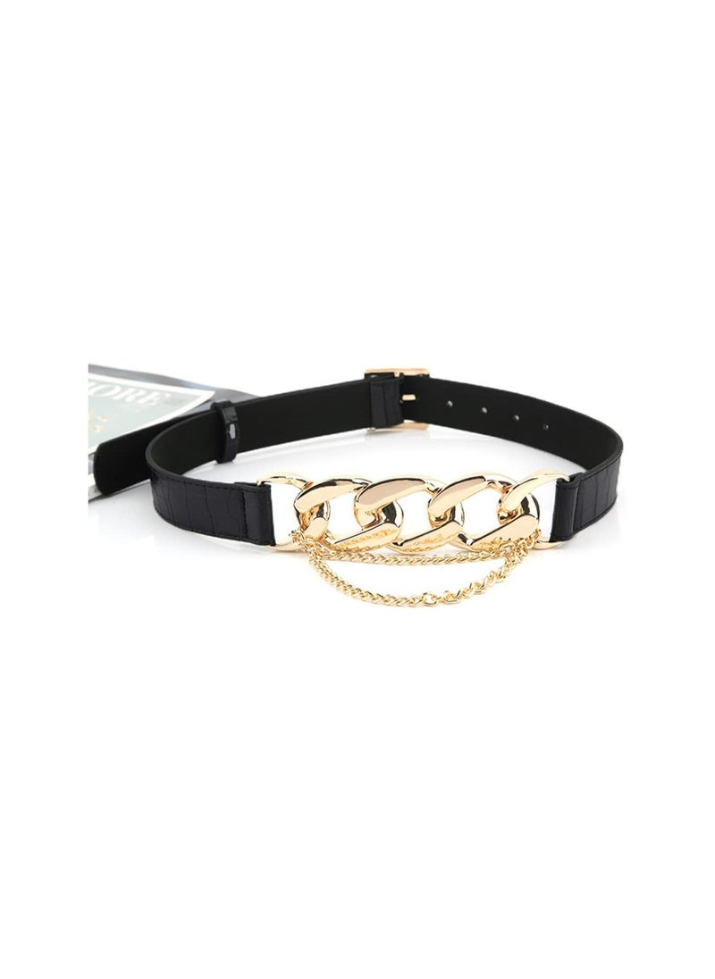 SYOSI - PU Leather High Waist Belt, Women Gold Chain Belt, Chunky Punk Style Belt, Skinny Dress Belt Dress Belt Black - Image 1
