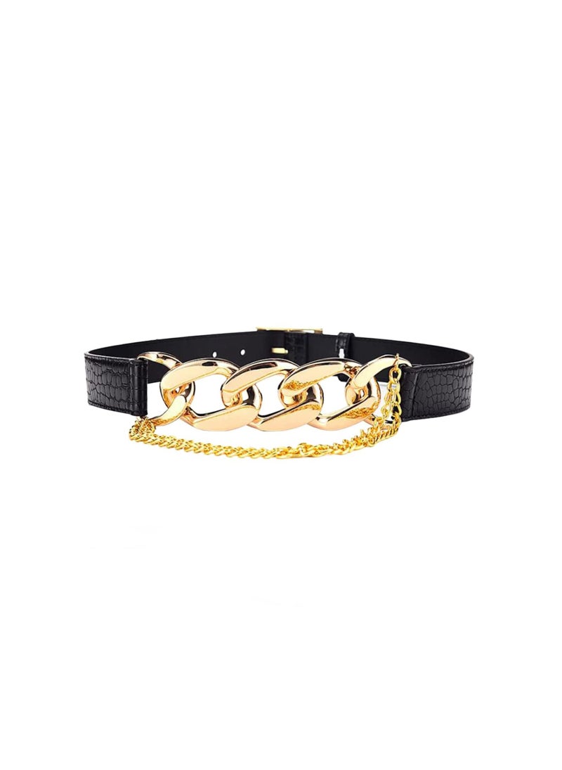 SYOSI - PU Leather High Waist Belt, Women Gold Chain Belt, Chunky Punk Style Belt, Skinny Dress Belt Dress Belt Black - Image 1
