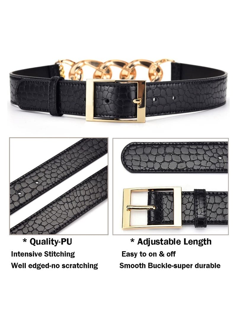 SYOSI - PU Leather High Waist Belt, Women Gold Chain Belt, Chunky Punk Style Belt, Skinny Dress Belt Dress Belt Black - Image 1