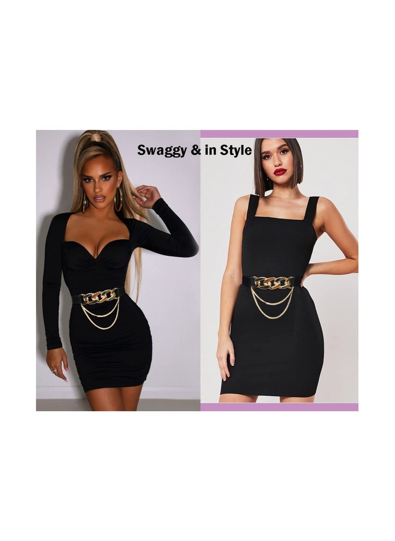 SYOSI - PU Leather High Waist Belt, Women Gold Chain Belt, Chunky Punk Style Belt, Skinny Dress Belt Dress Belt Black - Image 1