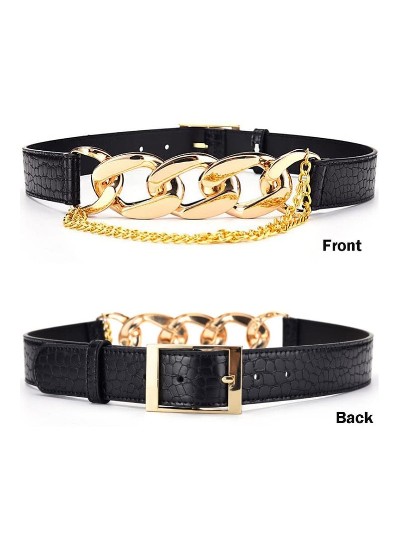 SYOSI - PU Leather High Waist Belt, Women Gold Chain Belt, Chunky Punk Style Belt, Skinny Dress Belt Dress Belt Black - Image 1