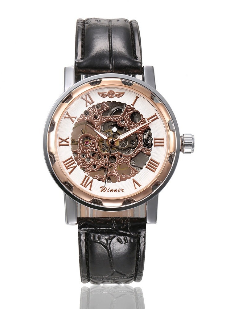 Winner ساعة رجالية، ساعة ميكانيكية هيكلية تعمل باليد بتصميم ستيمبانك للرجال والنساء، ساعة معصم غير محددة الجنس بحالة فضية وردية ذهبية مع أرقام رومانية وحزام من جلد PU