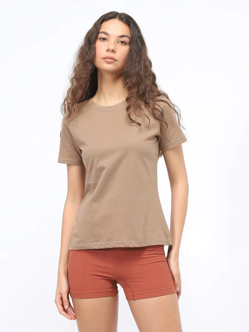 NOBERO Women's Brown Regular Fit T-Shirt
